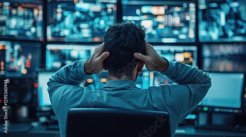 Man Looking Away From Multiple Monitors In A Dark Room