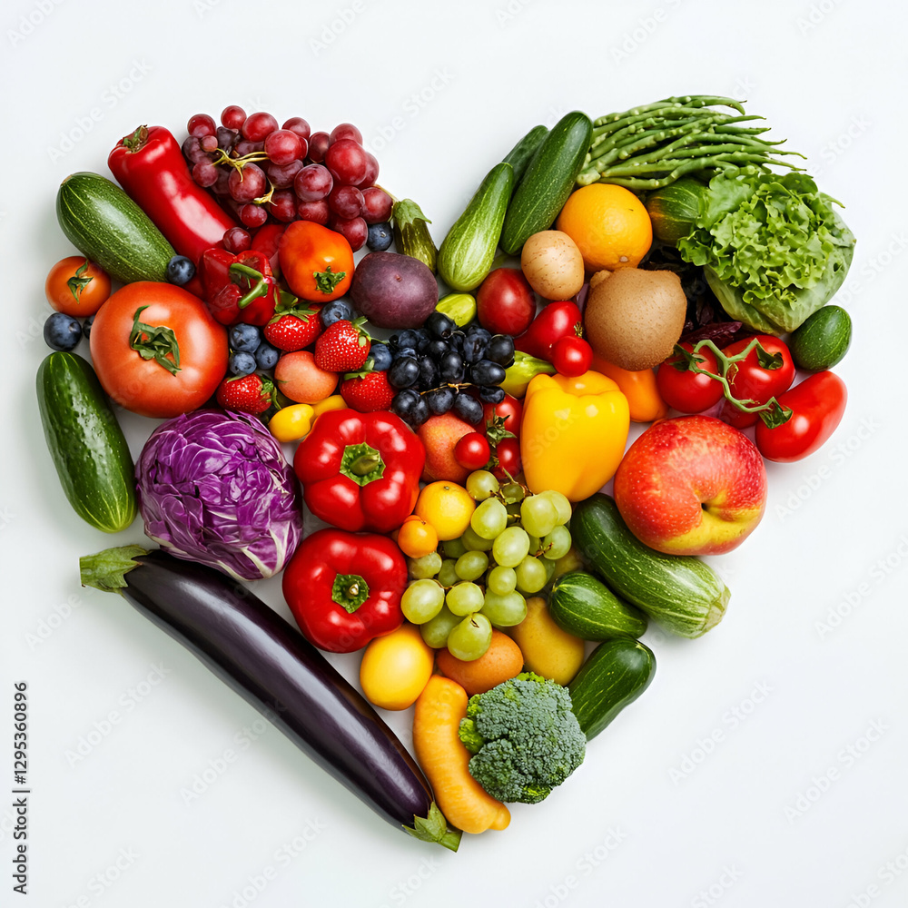 Heart-Shaped Arrangement of Vibrant Fruits and Vegetables on White Background Representing Healthy Eating Habits and Lifestyle Choices for Wellness Heart-Shaped Arrangement of Vibrant Fruits and Vegetables on White Background Representing Healthy Eating Habits and Lifestyle Choices for Wellness