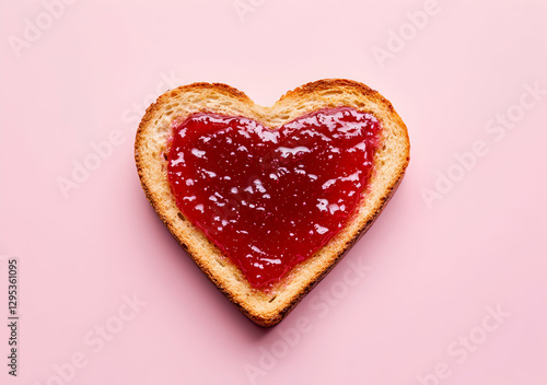 Heart-shaped toast topped with vibrant red jam on a soft pink background, symbolizing love, affection, and a sweet gesture, ideal for Valentine's Day photo