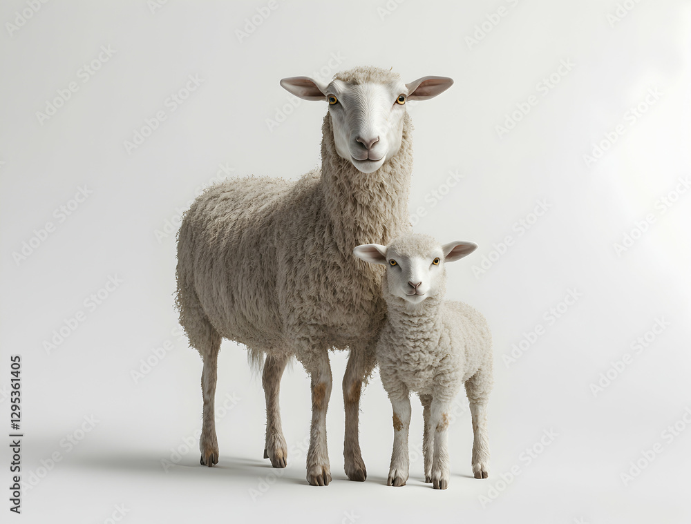 Fototapeta premium Heartwarming Portrait of a Ewe and her Lamb, A Bond of Love and Protection in the Animal Kingdom Featuring a Peaceful Scene on Clear Background
