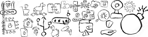 set of cyber security support symbols icons in doodle style, hand drawn symbols protect from hackers computer viruses and fraud, phishing and bugs. Internet security, data protection thin black and re