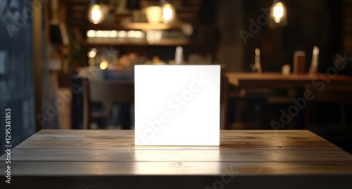 Wallpaper Mural Illuminated white square on wooden table in dimly lit rustic cafe setting at night Torontodigital.ca