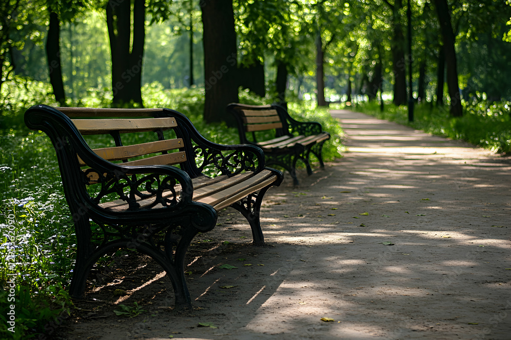 Idyllic park scene featuring classic park benches along a sun-dappled path, creating a serene and inviting atmosphere for relaxation and contemplation Idyllic park scene featuring classic park benches along a sun-dappled path, creating a serene and inviting atmosphere for relaxation and contemplation