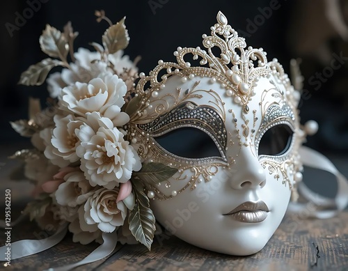 Elegant Venetian Mask: Pearl, Gold, and Floral Accents