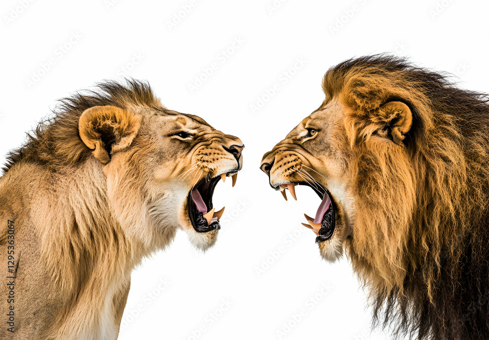Fototapeta premium Intense Confrontation, Two Majestic Lions Face Off in a Roaring Display of Power and Dominance on a Clean White Background, Embodying Raw Strength
