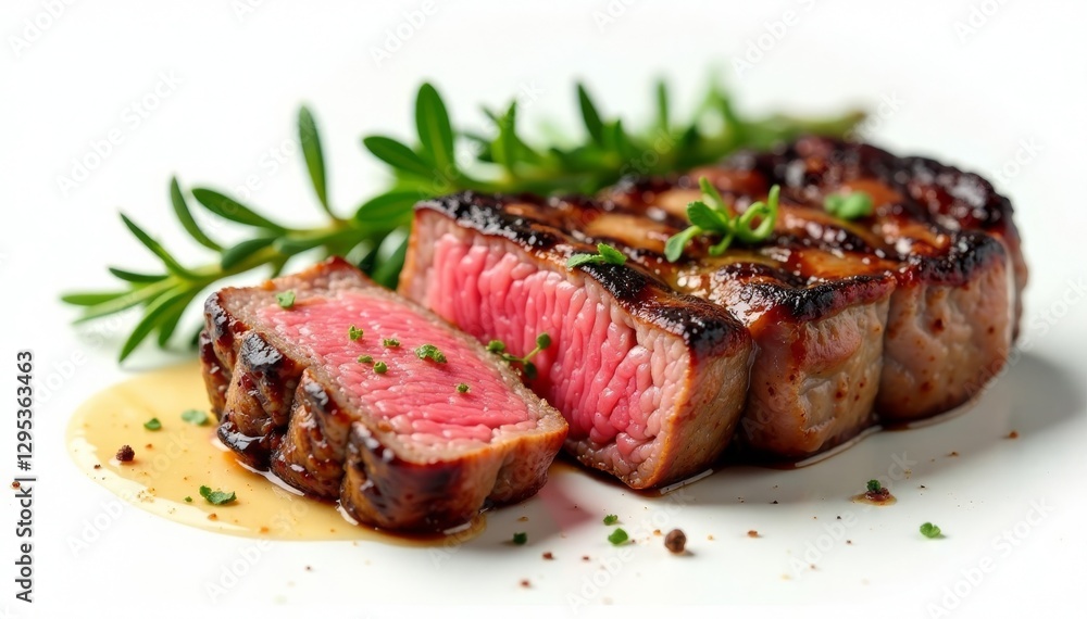 Juicy grilled beef fillet steak, enhanced with rosemary, white background , image, lunch, grilled Juicy grilled beef fillet steak, enhanced with rosemary, white background , image, lunch, grilled