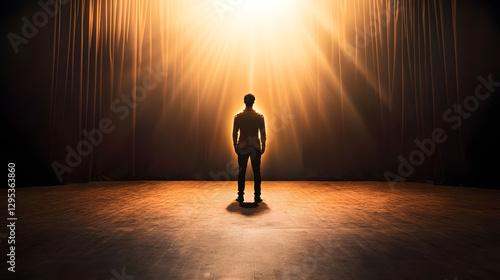 A Dramatic Moment of Anticipation on Stage with Spotlight Illuminating Performer Against Dark Curtains