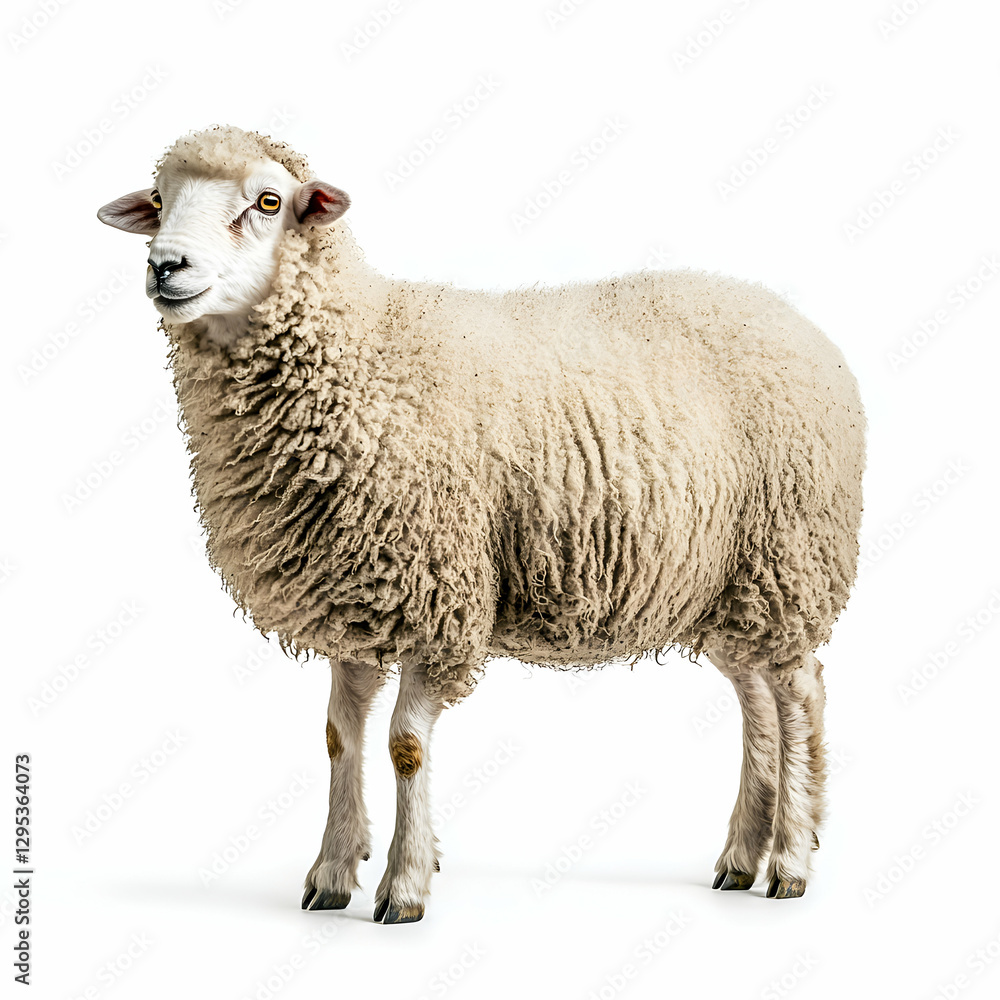 Obraz premium Isolated close-up of a white woolly sheep standing gracefully on a clean white background, showcasing its soft fleece and gentle demeanor in a studio shot