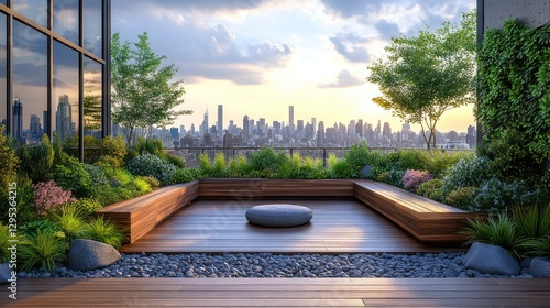 Rooftop garden meditation space, city skyline sunset view