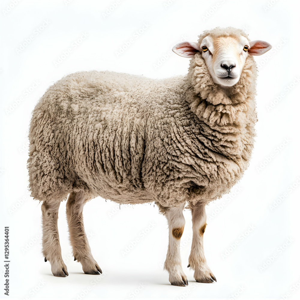 Isolated Portrait of a White Sheep on a White Background Showcasing its Thick Wool, Highlighting its Features and Providing a Clean Aesthetic Appeal Isolated Portrait of a White Sheep on a White Background Showcasing its Thick Wool, Highlighting its Features and Providing a Clean Aesthetic Appeal