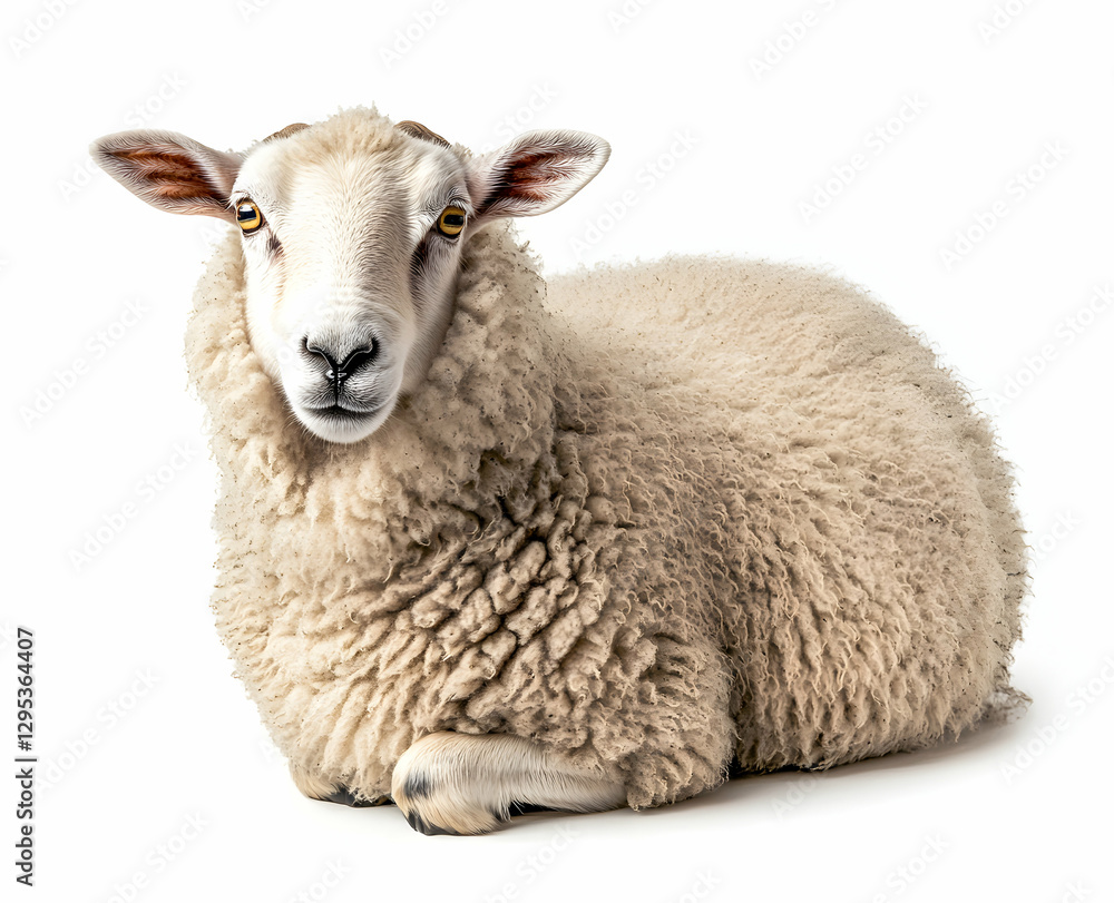 Isolated portrait of a fluffy white sheep resting peacefully against a clean, white background, its woolly coat adding texture and depth to the serene composition Isolated portrait of a fluffy white sheep resting peacefully against a clean, white background, its woolly coat adding texture and depth to the serene composition