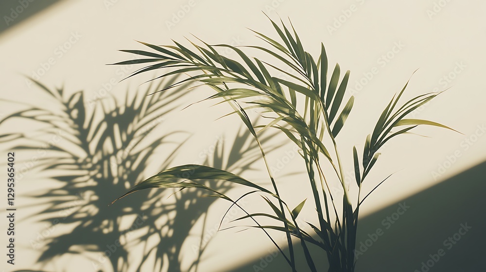 Fototapeta premium Plant casting shadows on a white wall indoors peacefully