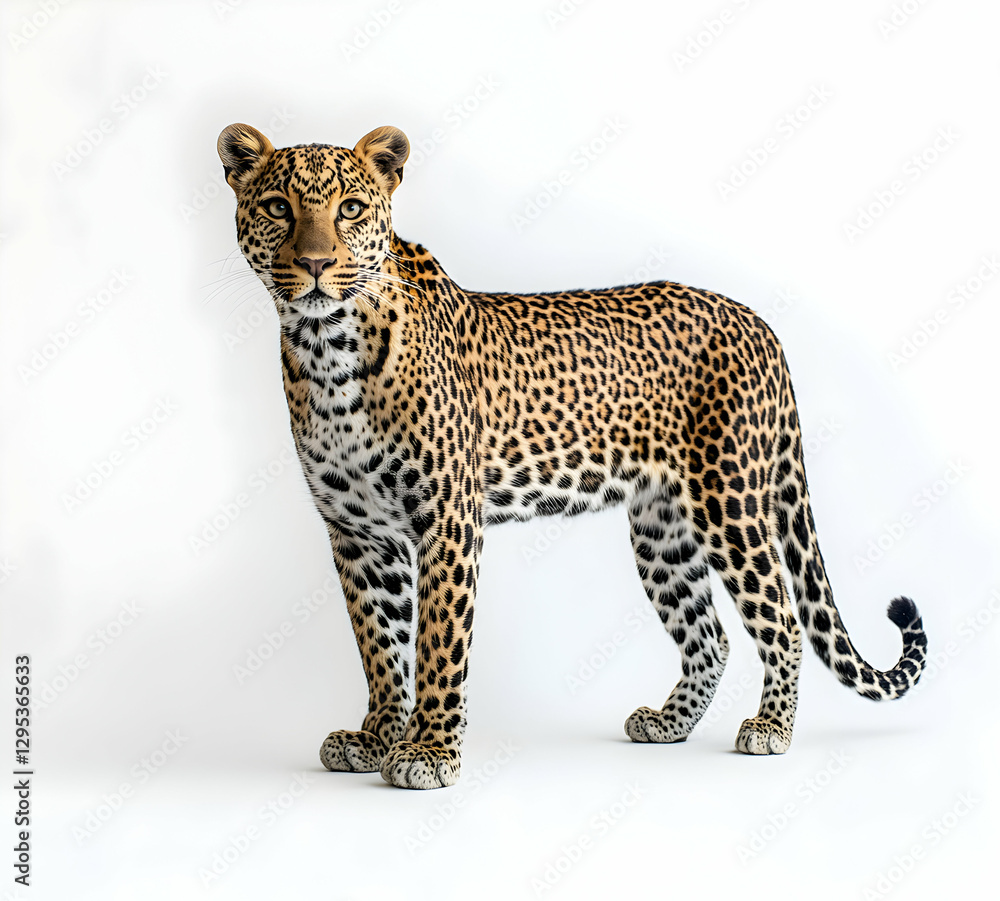 Fototapeta premium Magnificent Leopard Portrait on White Background Captivating Feline Beauty with Detailed Spots and Striking Gaze for Wildlife Enthusiasts and Animal Lovers