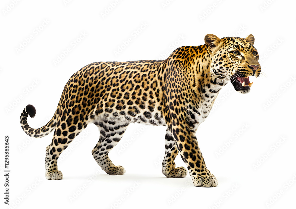 Fototapeta premium Magnificent Leopard Strolling Confidently on Isolated White Background, Showcasing its Striking Spotted Coat and Powerful Physique, Wildlife Photography Excellence