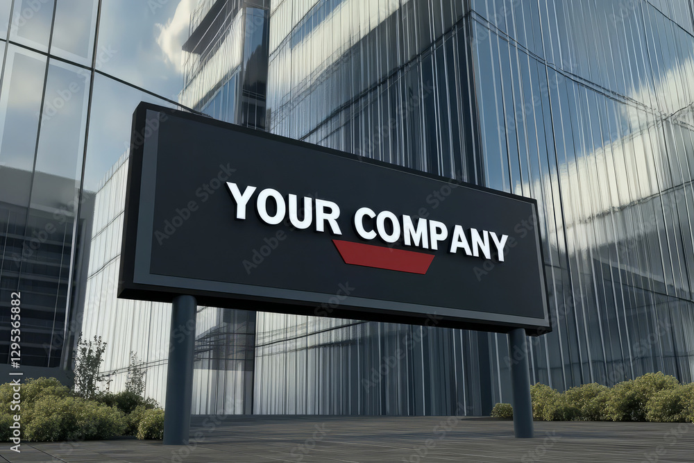 Modern company sign in front of glass building with greenery Modern company sign in front of glass building with greenery