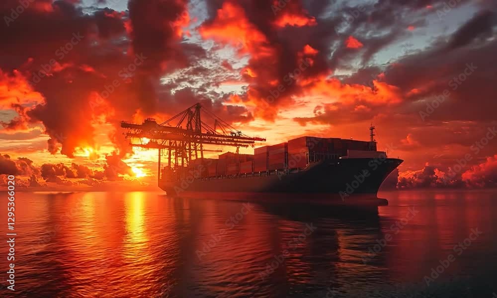 Massive Cargo Containers Loaded onto Ships at Vibrant Sunrise Harbor Scene Massive Cargo Containers Loaded onto Ships at Vibrant Sunrise Harbor Scene