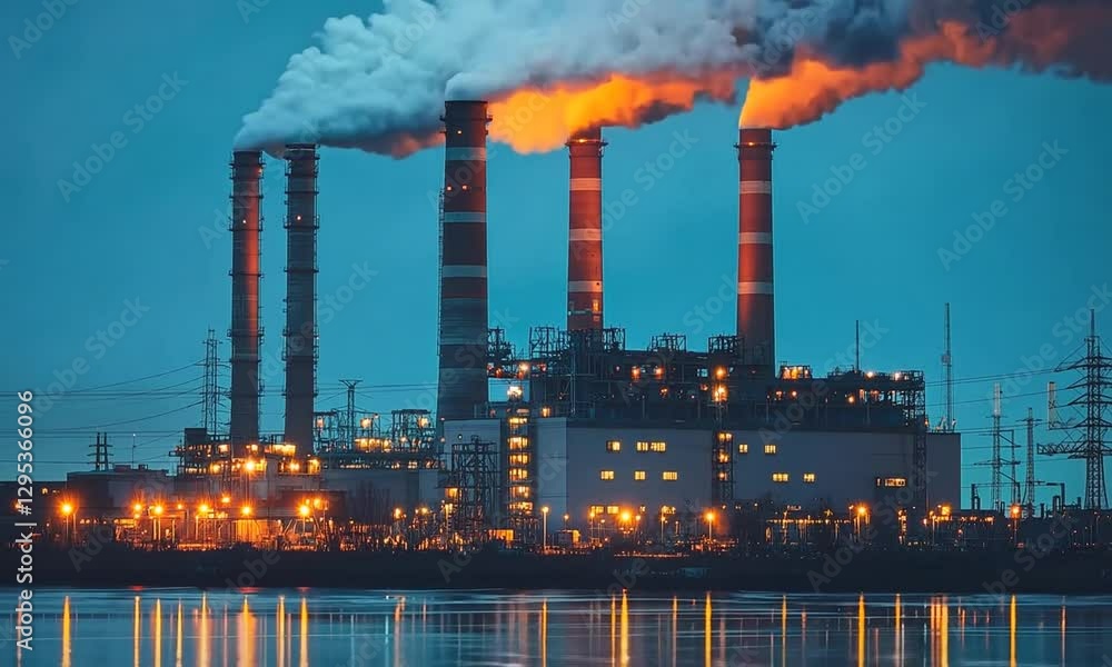 Glowing Nuclear Power Plant at Night with Illuminated Cooling Towers ...