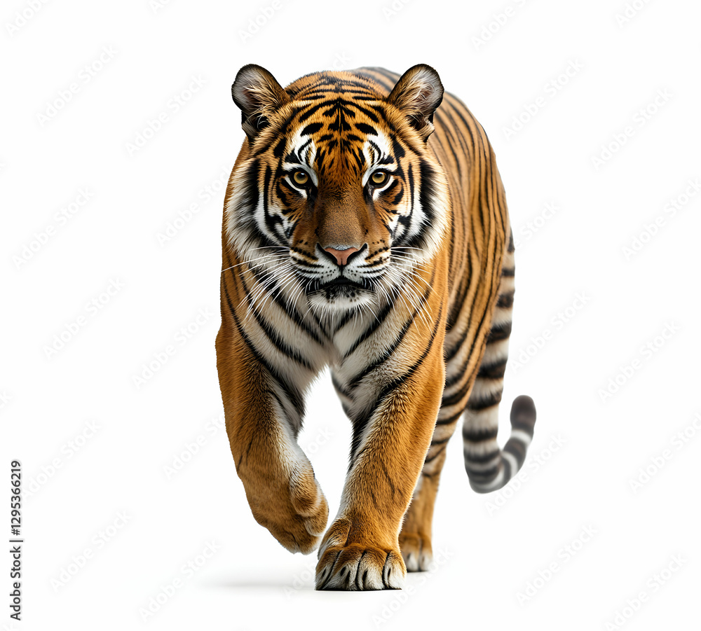 Obraz premium Majestic Bengal Tiger Strolling Forward with Confidence Against a Plain White Background, Showcasing its Striking Orange and Black Striped Fur in a Studio Shot