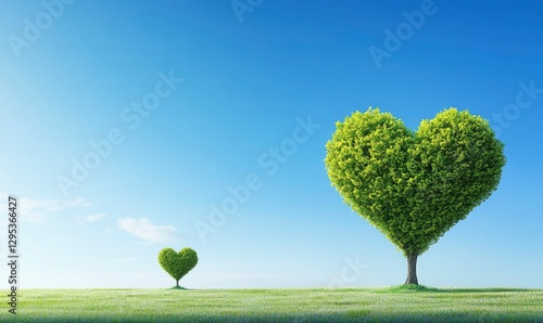 green tree shaped like two projects on the right side of an open field with a blue sky background. One tree is smaller than the other and is on the larger left side