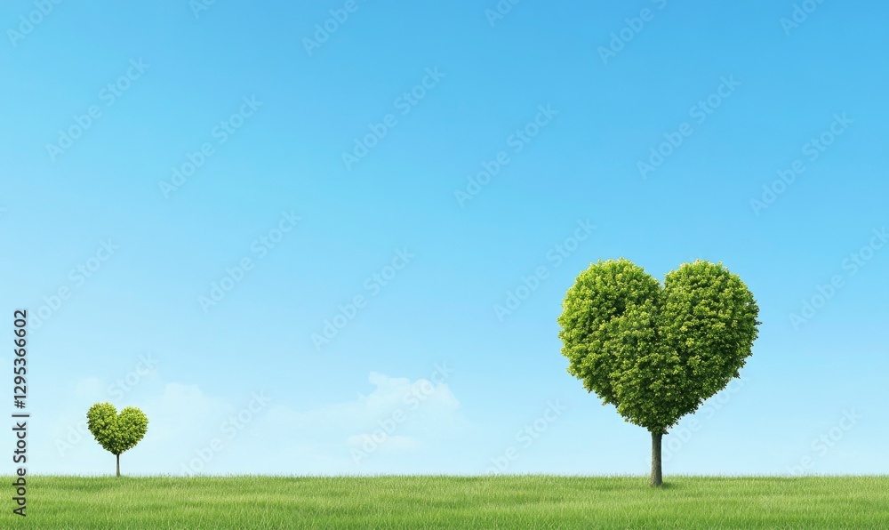 green tree shaped like two projects on the right side of an open field with a blue sky background. One tree is smaller than the other and is on the larger left side
