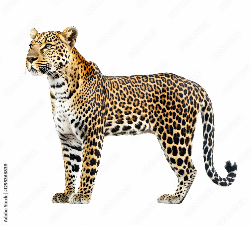 Obraz premium Majestic Leopard Portrait, A Captivating Gaze of an African Predator Standing Tall Against a Clean White Backdrop in Stunning Detail