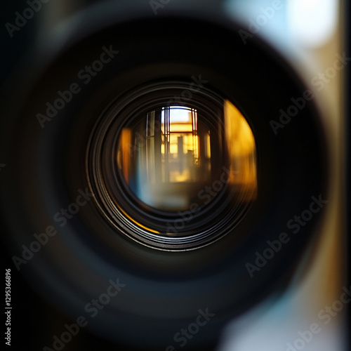 Close up professional camera lens glass reflection aperture settings sharp optical photography technology macro detailed focus cinematography precision engineering sleek modern equipment look gaze