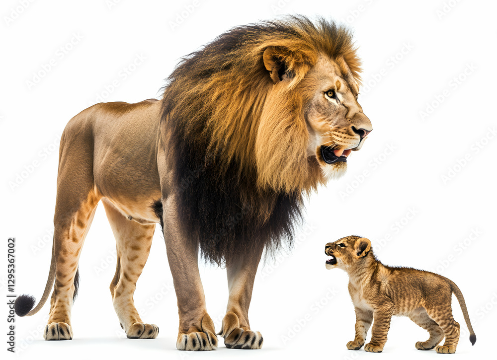 Obraz premium Majestic Lion and Adorable Cub, A Heartwarming Image of Wildlife Bonding on Clean White Background Showcase the Beauty and Innocence