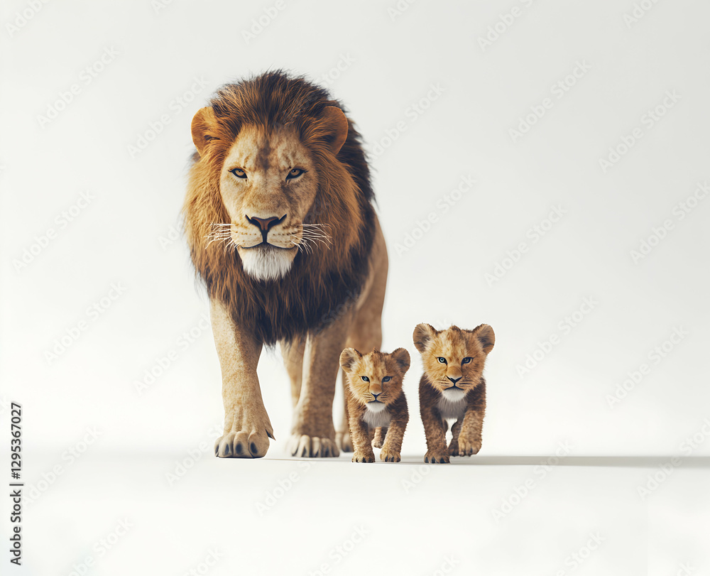 Obraz premium Majestic Lion and Cubs, A Heartwarming Family Portrait Showcasing the Strength, Love, and Protective Bond Within a Lion Pride on Isolated White Background