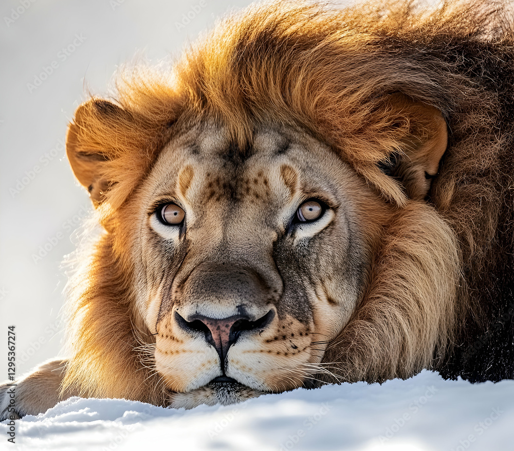 Naklejka premium Majestic Lion Portrait in Winter Snow, Captivating Close-Up of Wild Animal with Intense Gaze and Golden Mane in Pristine Natural Habitat