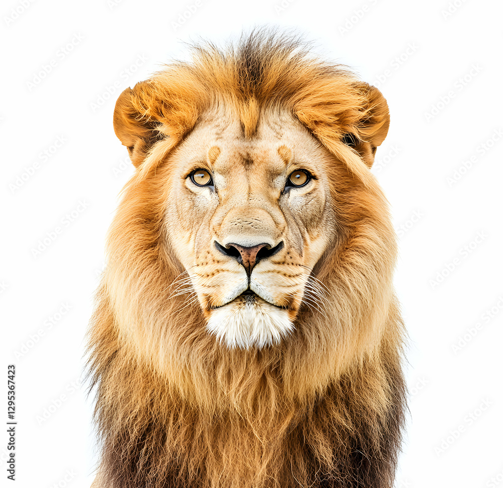 Fototapeta premium Majestic Lion Portrait, A Captivating Close-Up of the King of the Jungle with Intense Eyes and Golden Mane Set Against a Clean White Background