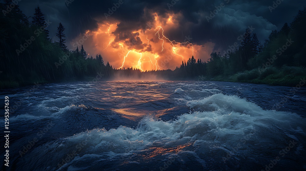 Fototapeta premium Stormy River, Lightning Strikes, Forest, Night, Nature