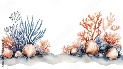 Ocean Seashell and Coral Watercolor Illustration