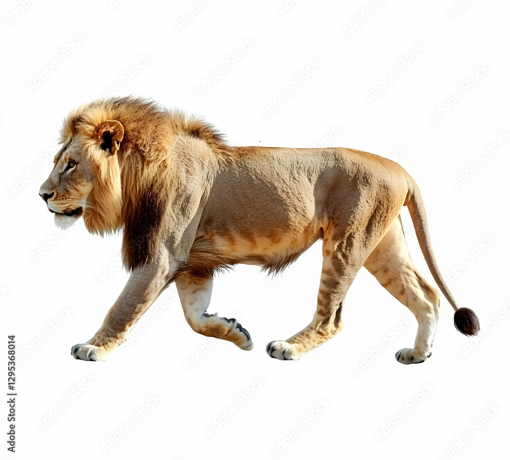 Fototapeta premium Majestic Lion Striding Confidently, A Striking Portrait of the King of the Jungle in Motion against a Clean White Background, Ideal for Wildlife and Conservation Projects