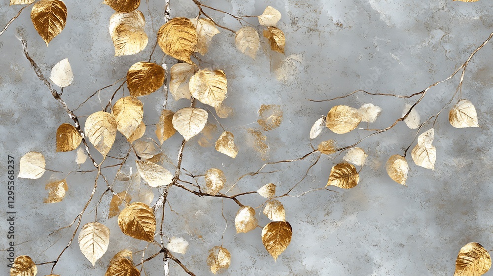 Fototapeta premium White and gold birch leaves forming an abstract design, intricate bark-like textures with subtle metallic reflections, blending earthy and opulent aesthetics, set on a neutral gray background,