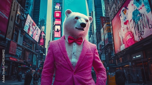 Polar Bear in Pink Suit Roaming Times Square