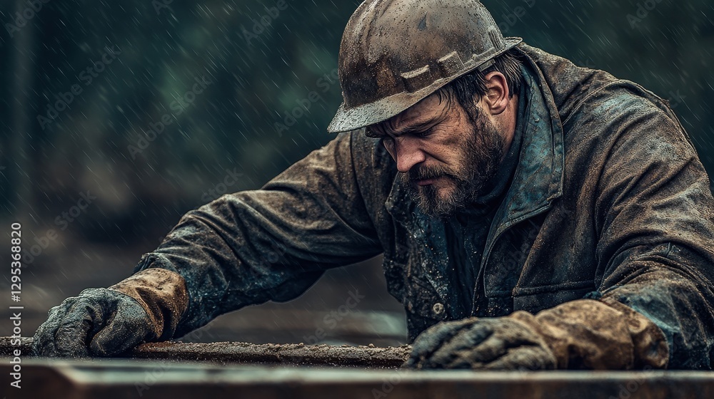 Obraz premium A Muddied Worker Repairs Metal In The Rain