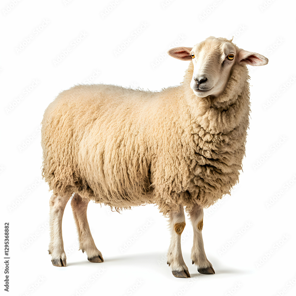 Fototapeta premium Majestic Sheep Portrait, A Full-Body View of a Cream-Colored Farm Animal with Thick Wool on a Clean White Background, Perfect for Agricultural and Livestock Themes
