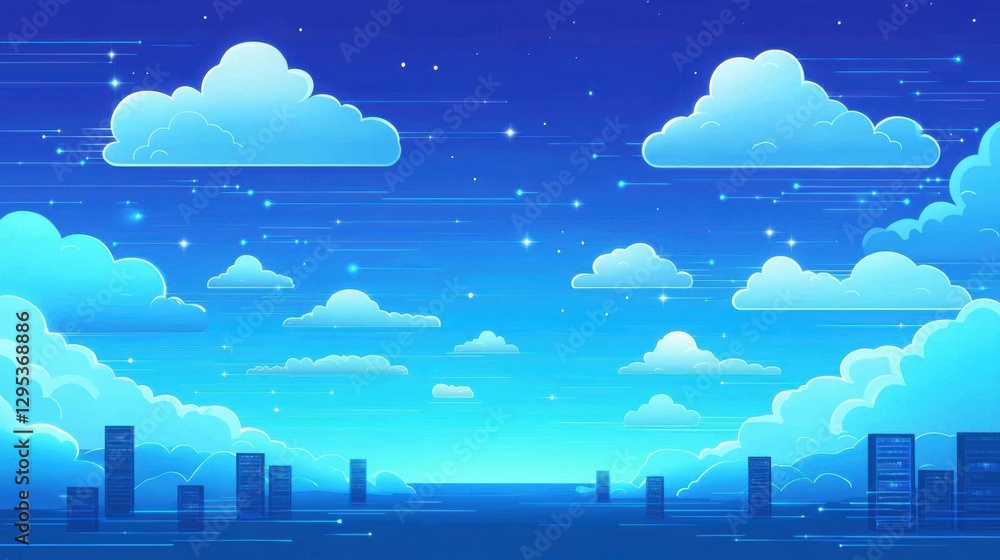 Obraz premium Digital transformation drives cloud disruption. Vibrant blue sky with stylized clouds and distant city skyline.