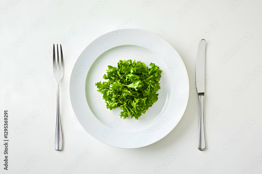 Minimalist Composition of Fresh Green Salad on White Plate with Silver Cutlery, Emphasizing Healthy Eating and Clean Aesthetic for Dietary Awareness and Culinary Content Minimalist Composition of Fresh Green Salad on White Plate with Silver Cutlery, Emphasizing Healthy Eating and Clean Aesthetic for Dietary Awareness and Culinary Content