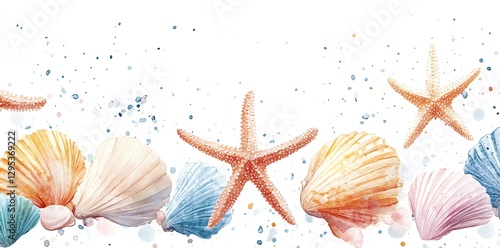 Seashells and Starfish Watercolor Border Summer Design