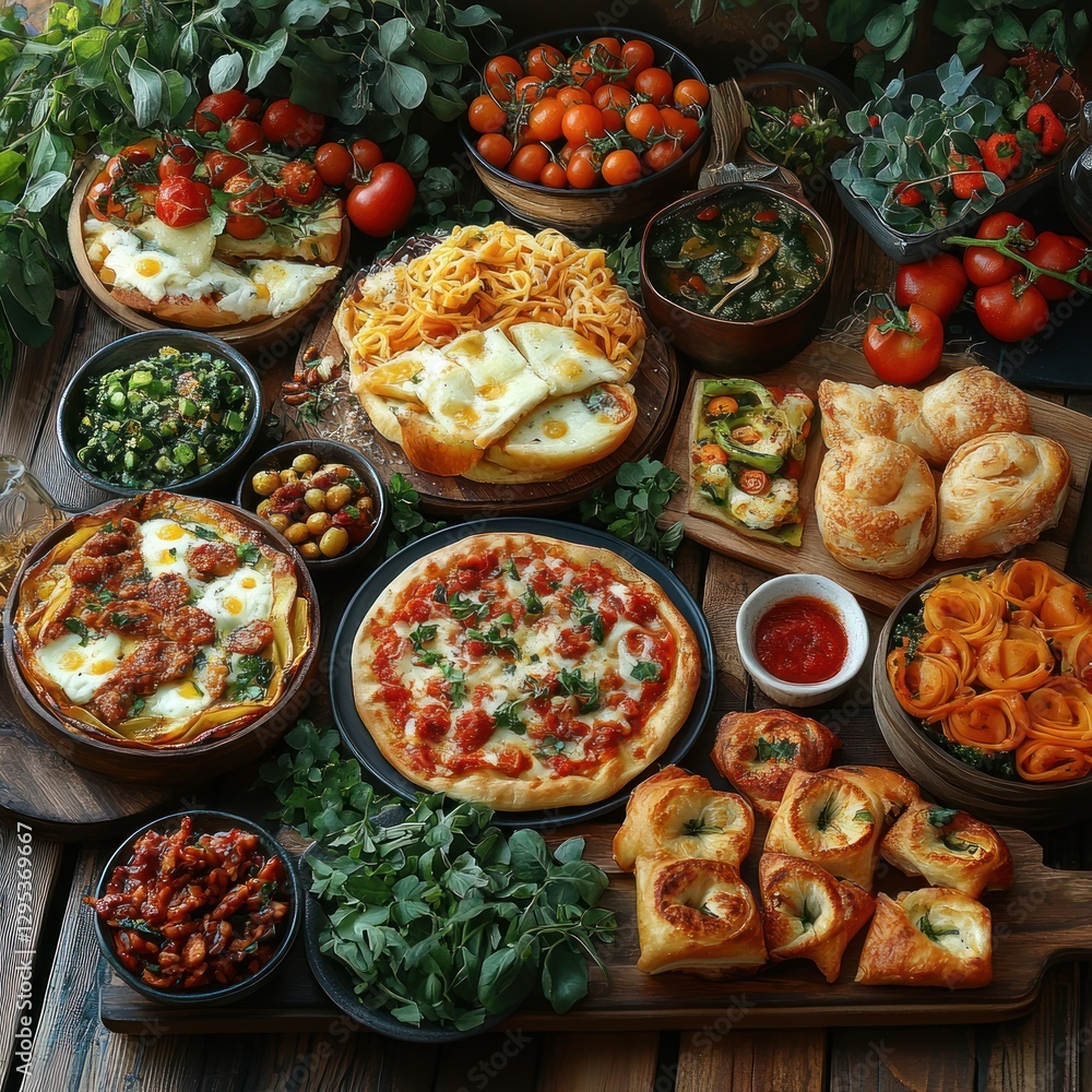 Savory brunch spread on wooden table with garden background Savory brunch spread on wooden table with garden background