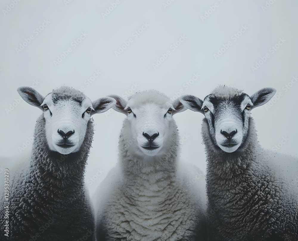 Fototapeta premium Monochrome portraits of three adorable sheep with fluffy wool, standing side-by-side in a snowy field, creating a captivating and charming winter scenery