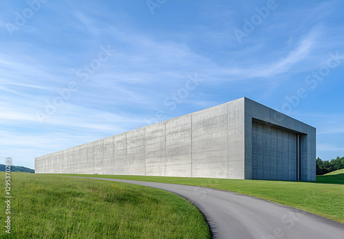 Wallpaper Mural Monolithic Concrete Structure, A Modern Architectural Marvel Nestled in Green Pastures Under a Blue Sky, Symbolizing Strength, Simplicity, and Harmony with Nature Torontodigital.ca