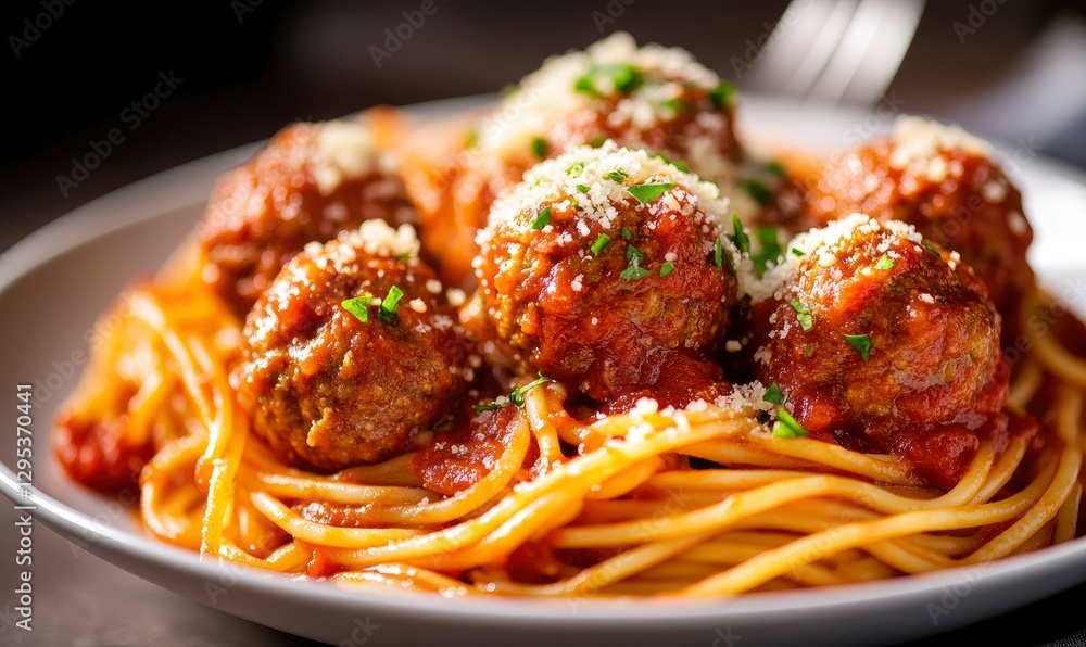 plate of spaghetti and meatballs, with meatballs in a tomato sauce, sprinkled with Parmesan cheese. Food photography, with a dark background plate of spaghetti and meatballs, with meatballs in a tomato sauce, sprinkled with Parmesan cheese. Food photography, with a dark background