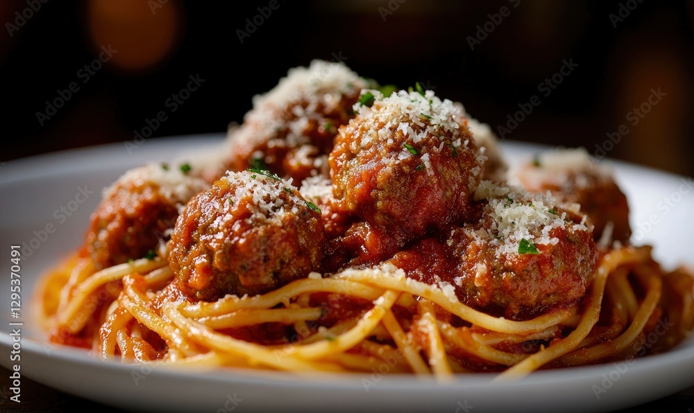 plate of spaghetti and meatballs, with meatballs in a tomato sauce, sprinkled with Parmesan cheese. Food photography, with a dark background plate of spaghetti and meatballs, with meatballs in a tomato sauce, sprinkled with Parmesan cheese. Food photography, with a dark background