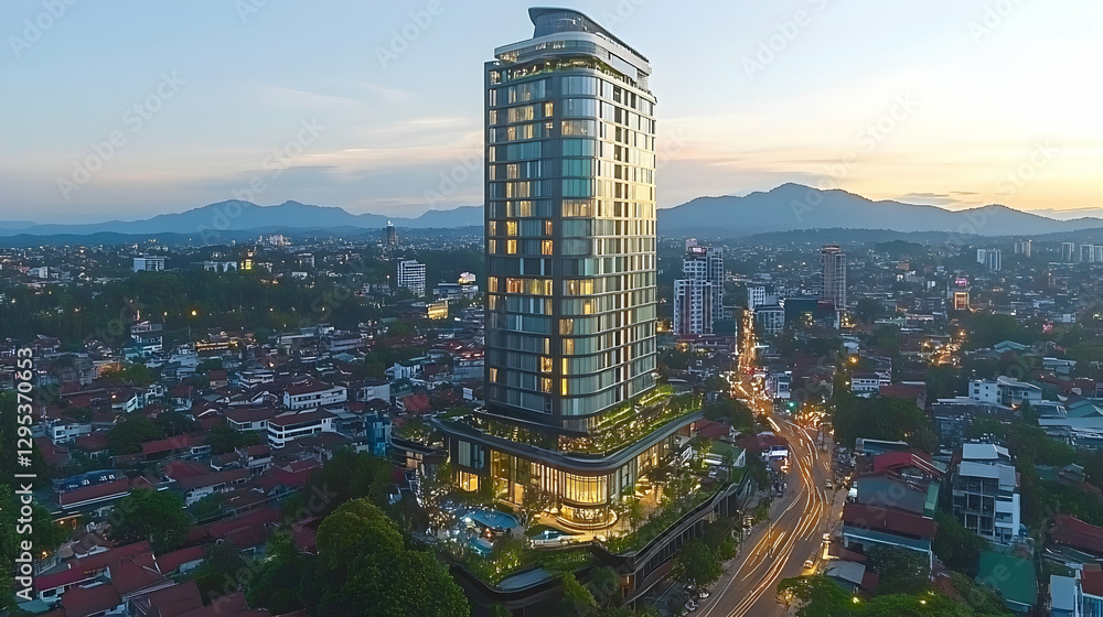 Fototapeta premium Stunning aerial twilight view of a modern skyscraper in a vibrant city nestled amongst mountains.