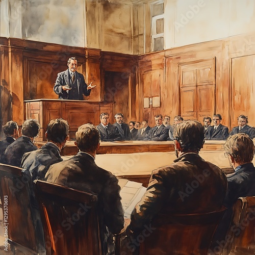 Professor lecturing students in wood-paneled hall