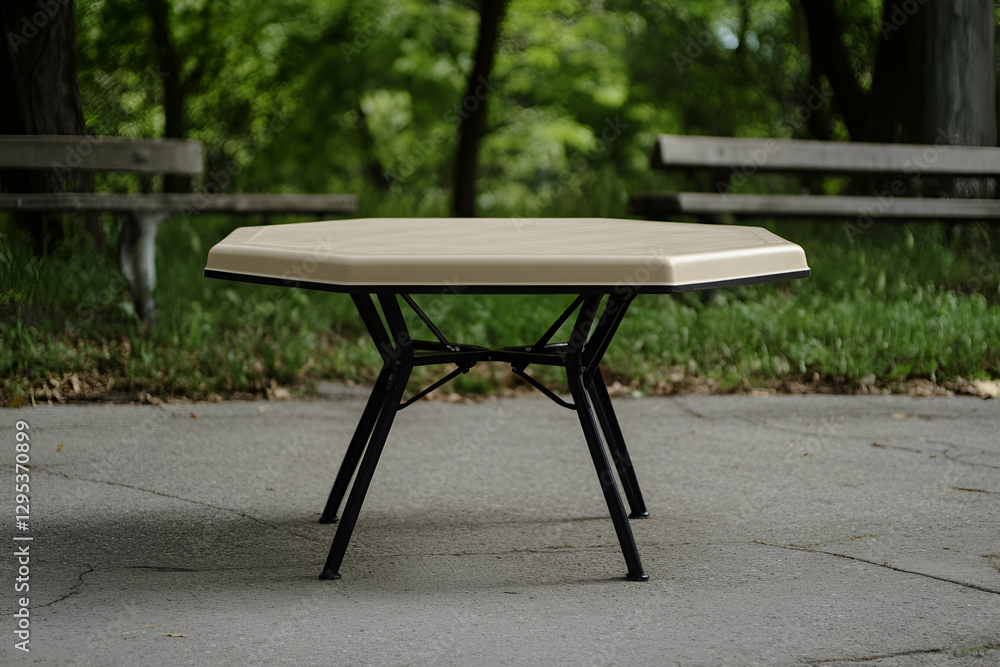 Neutral-toned hexagonal table with black metal legs on a paved surface surrounded by benches and lush greenery in a park setting, creating an inviting outdoor space Neutral-toned hexagonal table with black metal legs on a paved surface surrounded by benches and lush greenery in a park setting, creating an inviting outdoor space