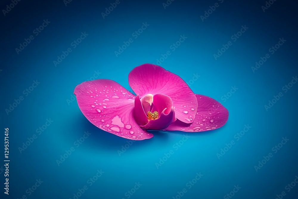Fototapeta premium A vibrant pink orchid with water droplets rests on a vivid blue background, creating a serene and elegant composition.