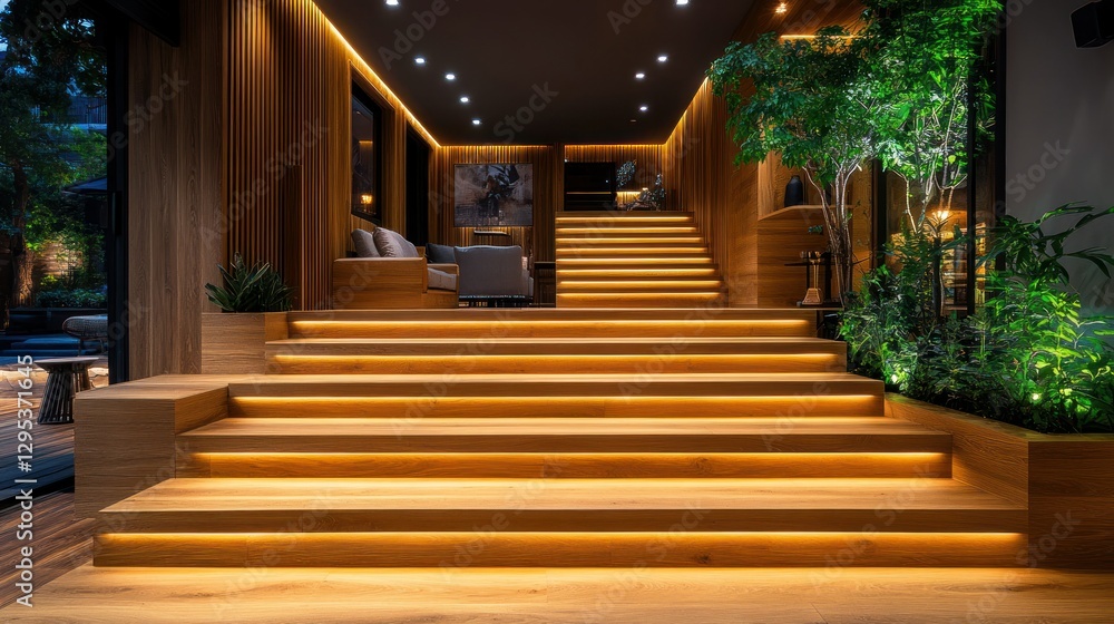 Obraz premium Modern Wooden Staircase with Interior Lighting